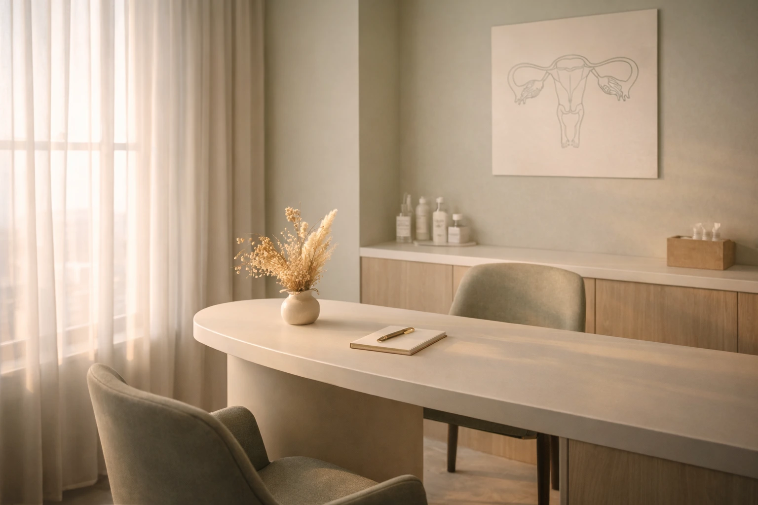 Warm women's wellness consultation suite with sage tones, botanical fine art, curved desk and natural light — the type of women's health clinic ACG helps entrepreneurs open