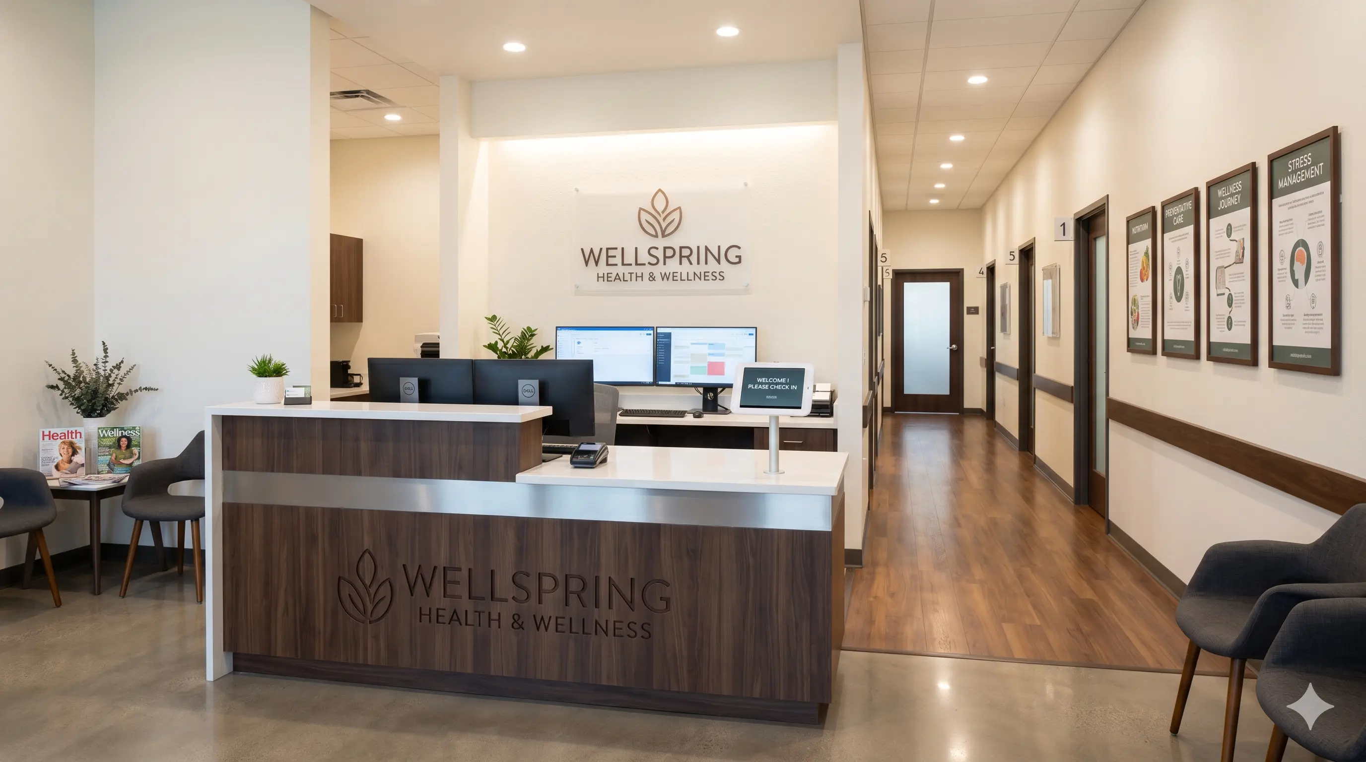 Established clinic reception with professional branding and patient corridor