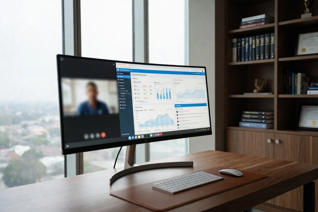 Premium executive workspace with ultrawide monitor showing telehealth platform — representing location-flexible regenerative health business