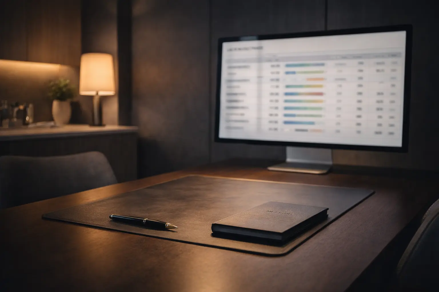 Sophisticated masculine clinical consultation room with dark walnut desk and architectural lighting — the type of men's health clinic ACG helps entrepreneurs open