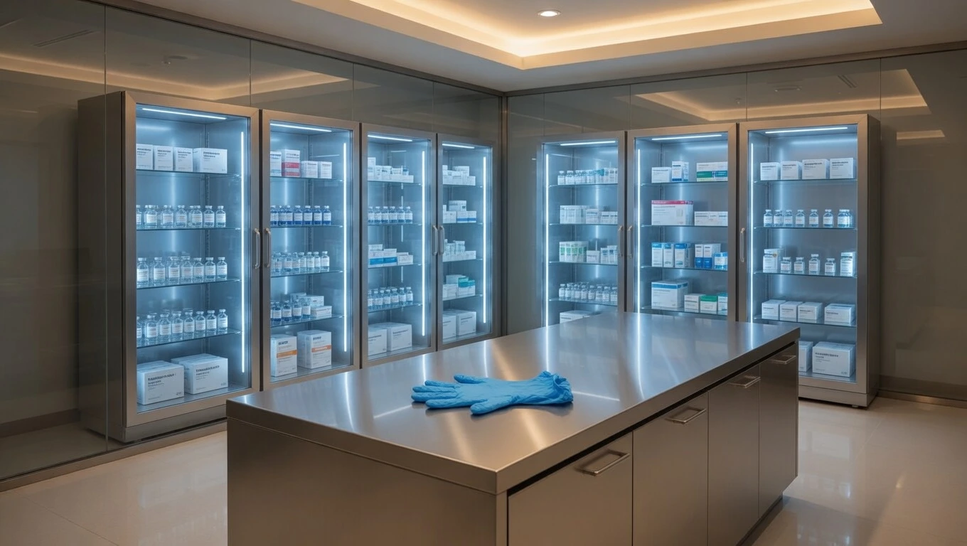 Medical-grade cold storage units with illuminated supply shelves and stainless steel prep counter — representing ACG's pre-vetted supplier network for regenerative health clinics