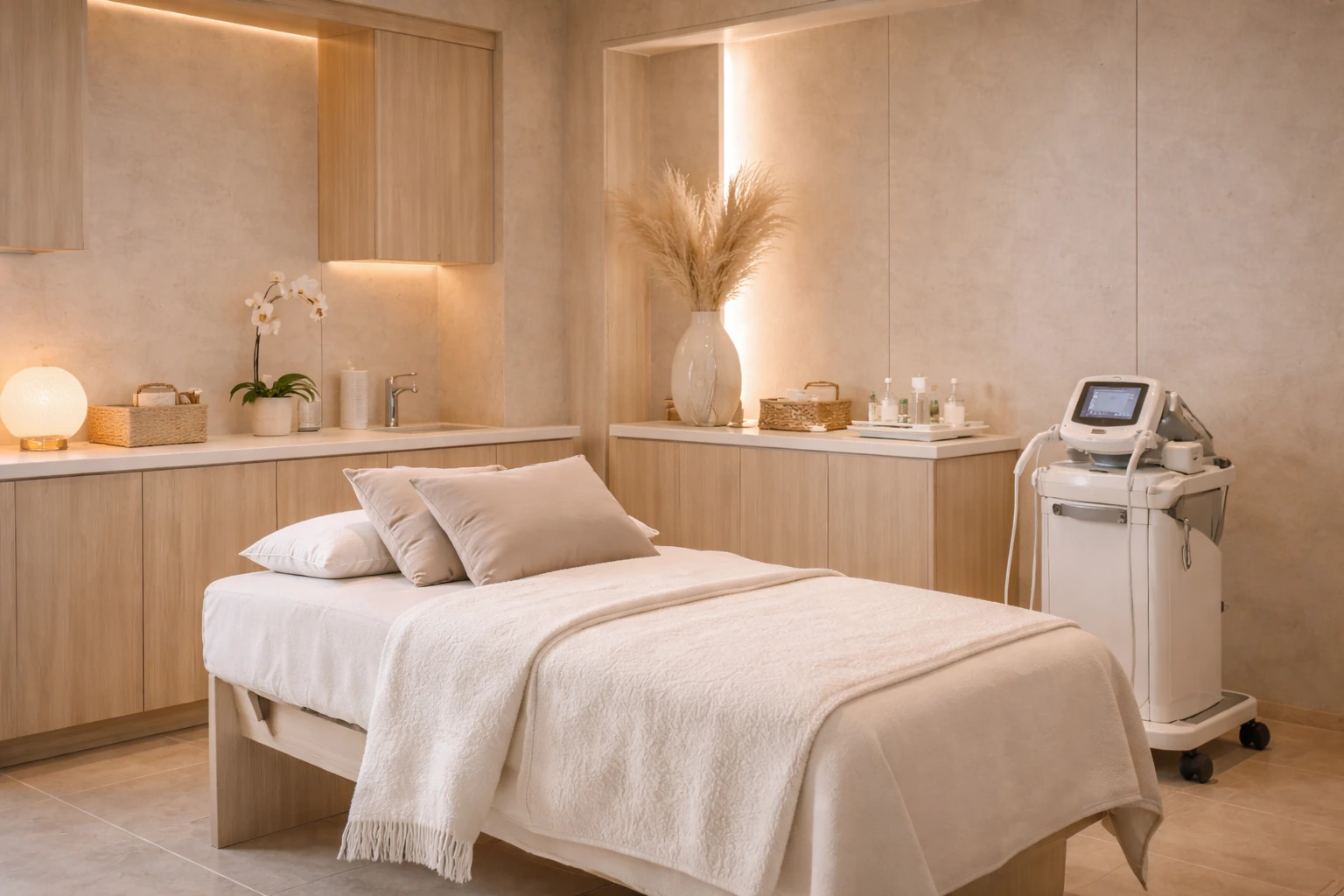 Private upscale sexual wellness clinic suite with warm lighting and premium clinical aesthetic — the type of discreet sexual health clinic ACG helps entrepreneurs open