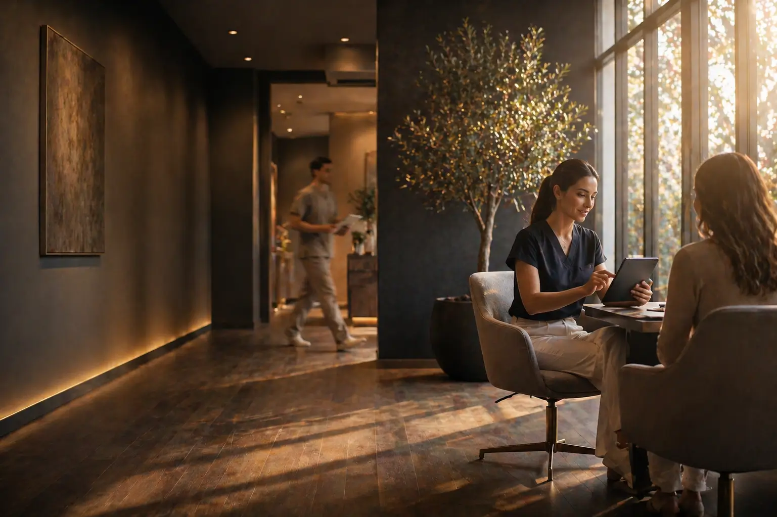 Modern peptide therapy clinic interior with staff and patients during operating hours — the type of premium regenerative practice ACG helps entrepreneurs open