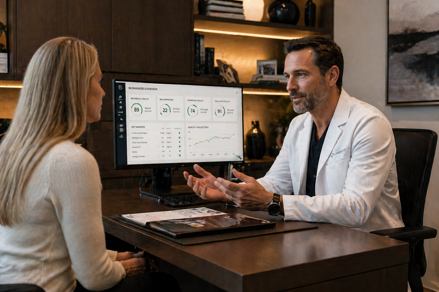 Peptide therapy clinic consultation showing biomarker-guided protocol design and patient relationship