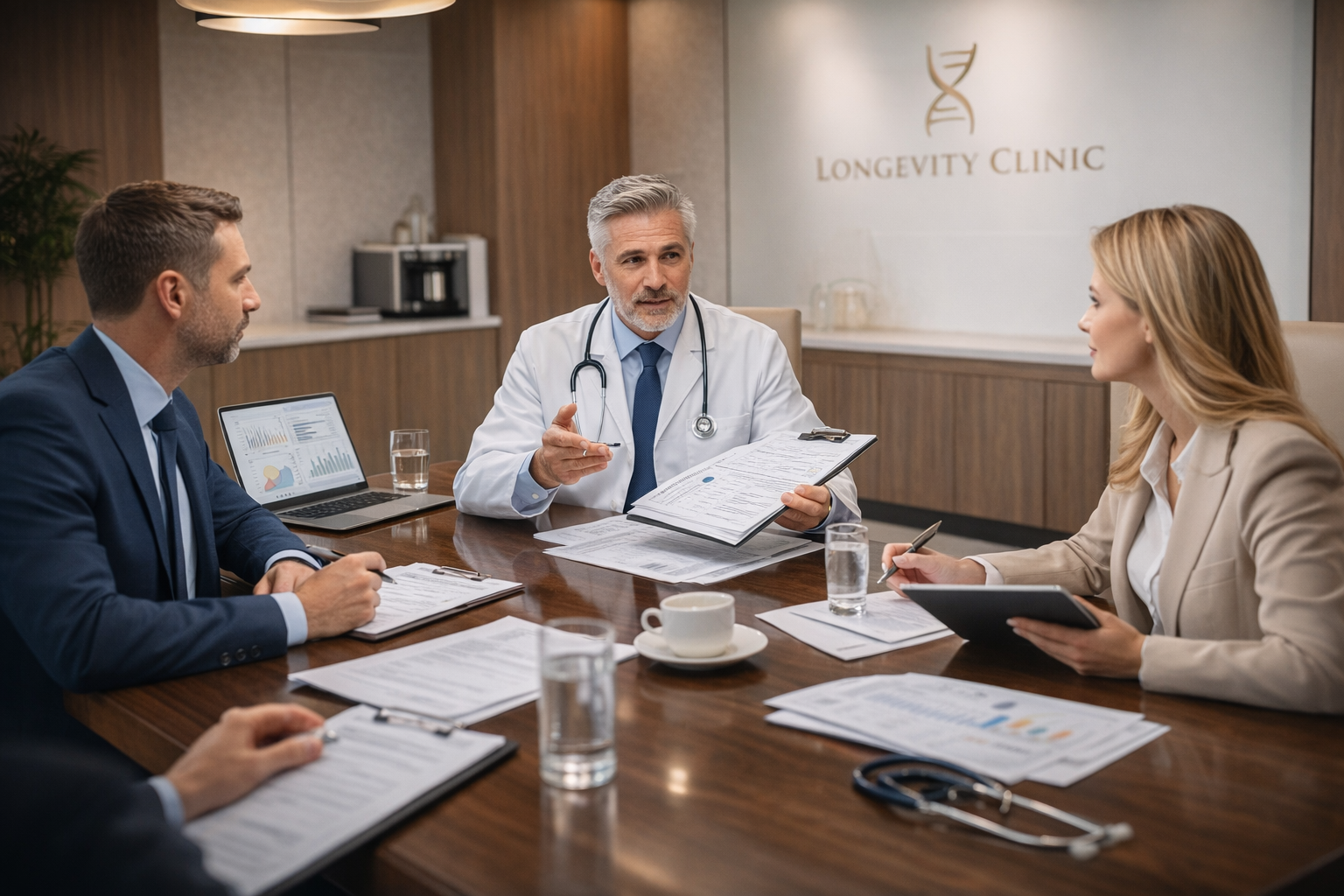 Longevity clinic medical director reviewing clinical protocols with clinic management team before opening