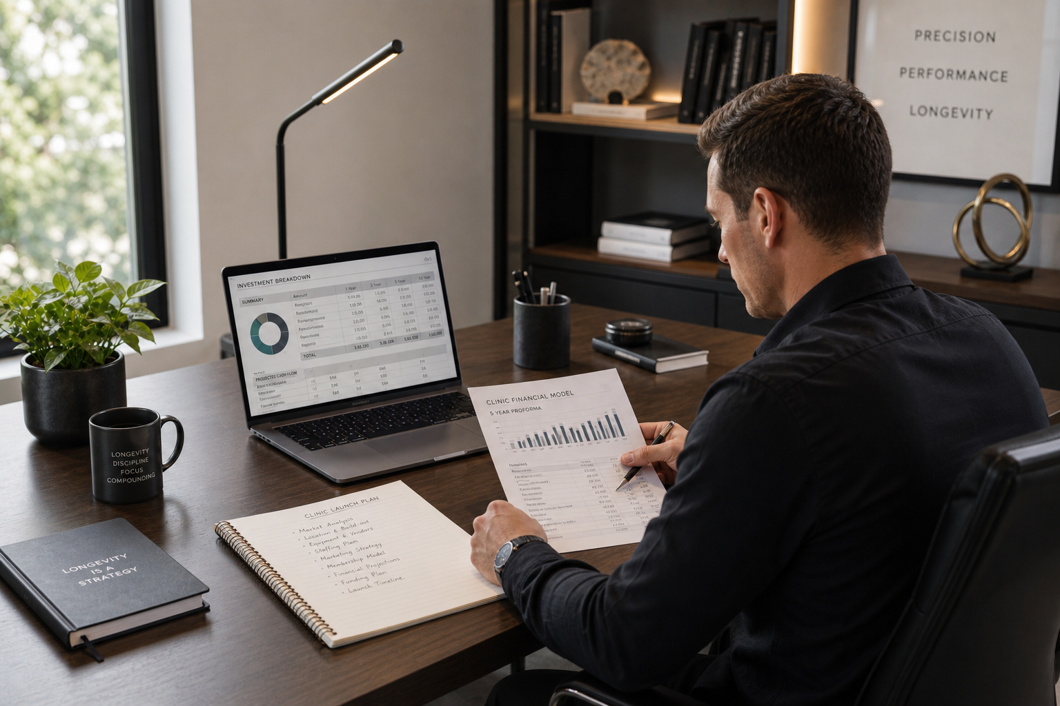 Entrepreneur reviewing longevity clinic startup costs and investment requirements for 2026 opening