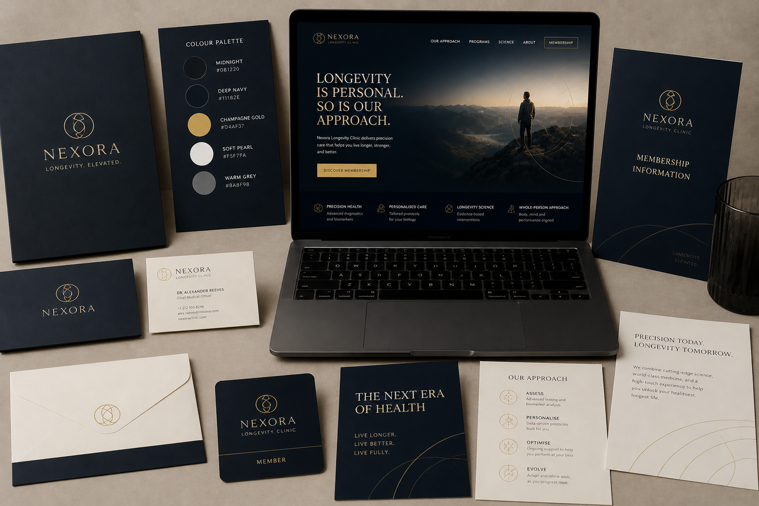 Longevity clinic brand identity and website development showing premium marketing materials included in ACG launch engagement