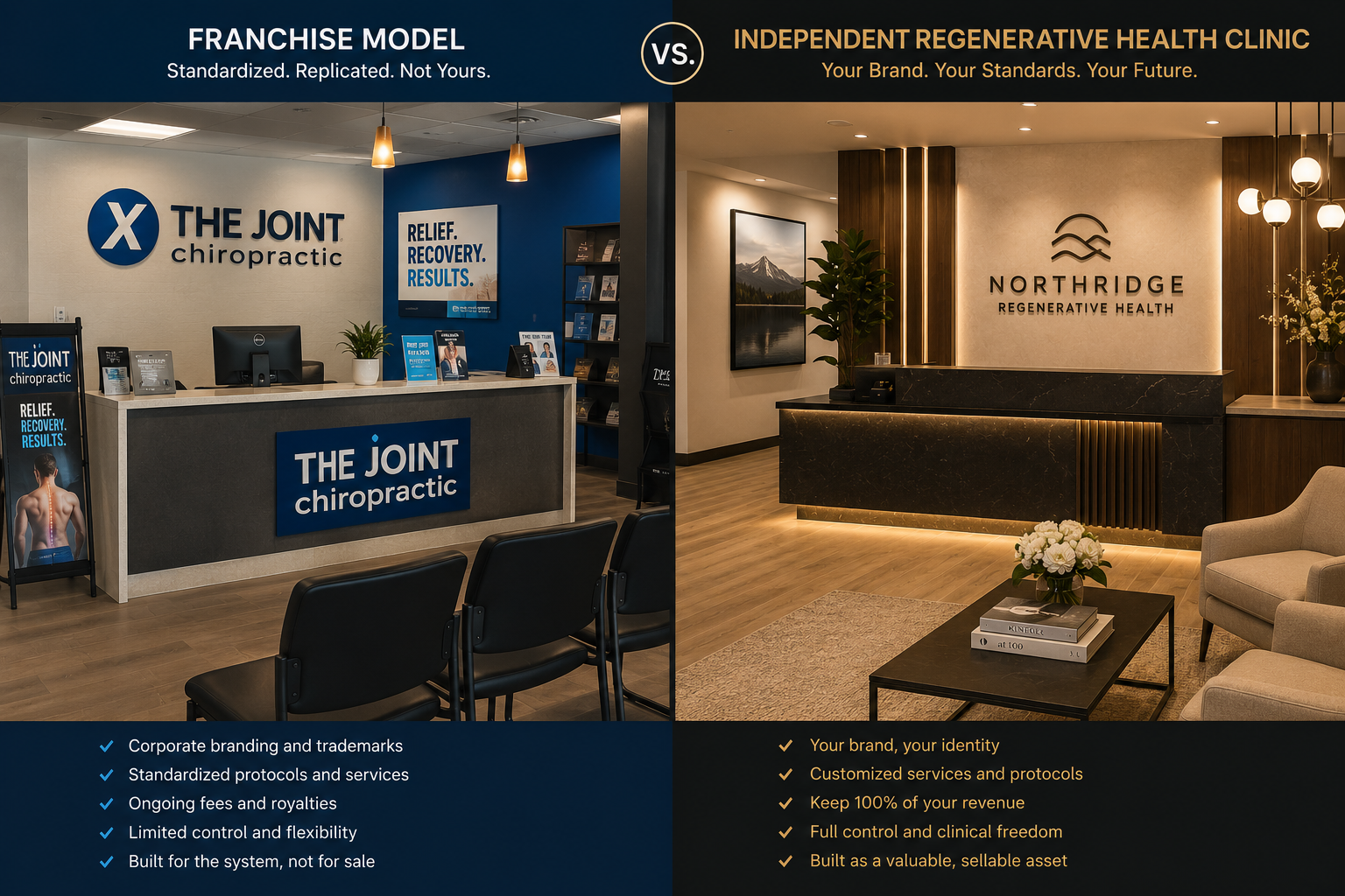Regenerative health clinic franchise versus independent clinic comparison showing ownership and branding differences