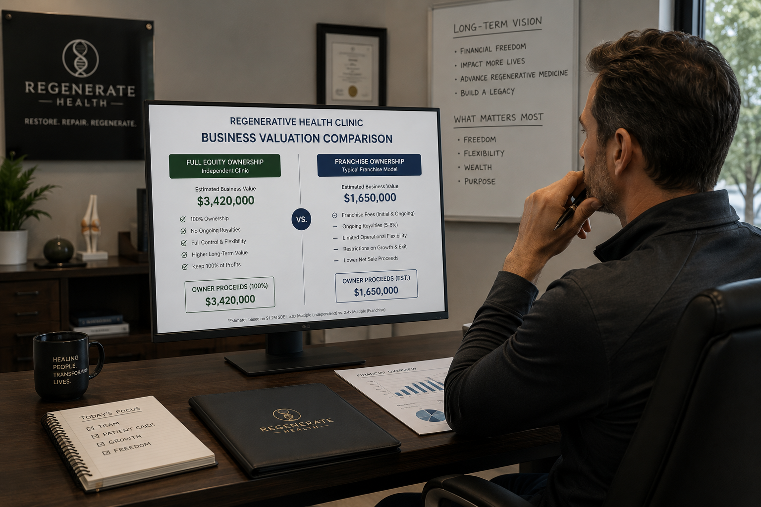  Independent regenerative health clinic owner reviewing business valuation showing full equity ownership versus franchise