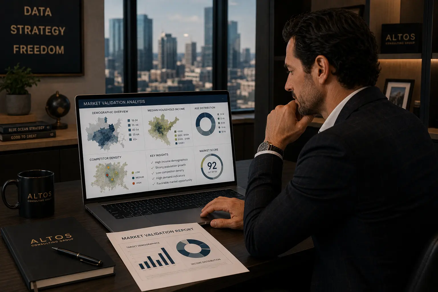 Entrepreneur reviewing regenerative health clinic market validation data including demographics and competitive landscape for 2026