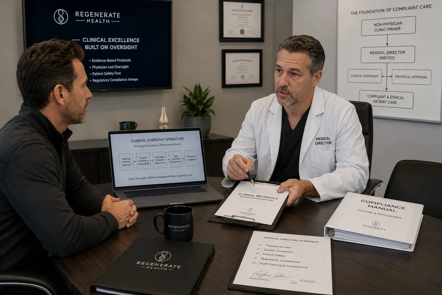 Medical director and regenerative health clinic entrepreneur reviewing clinical protocols and MSO compliance structure