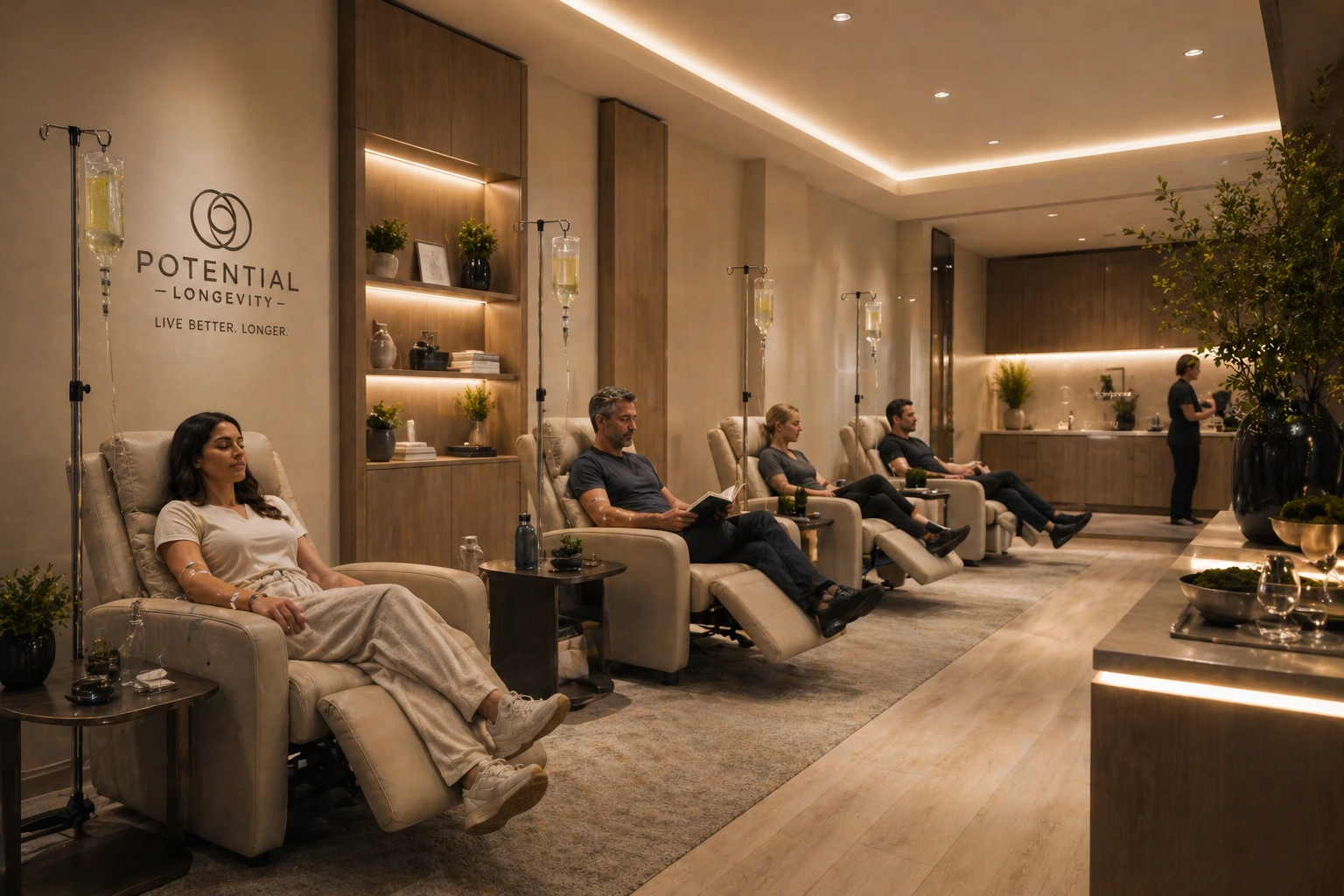 Longevity clinic IV therapy treatment suite showing premium patient environment for NAD therapy and infusion services