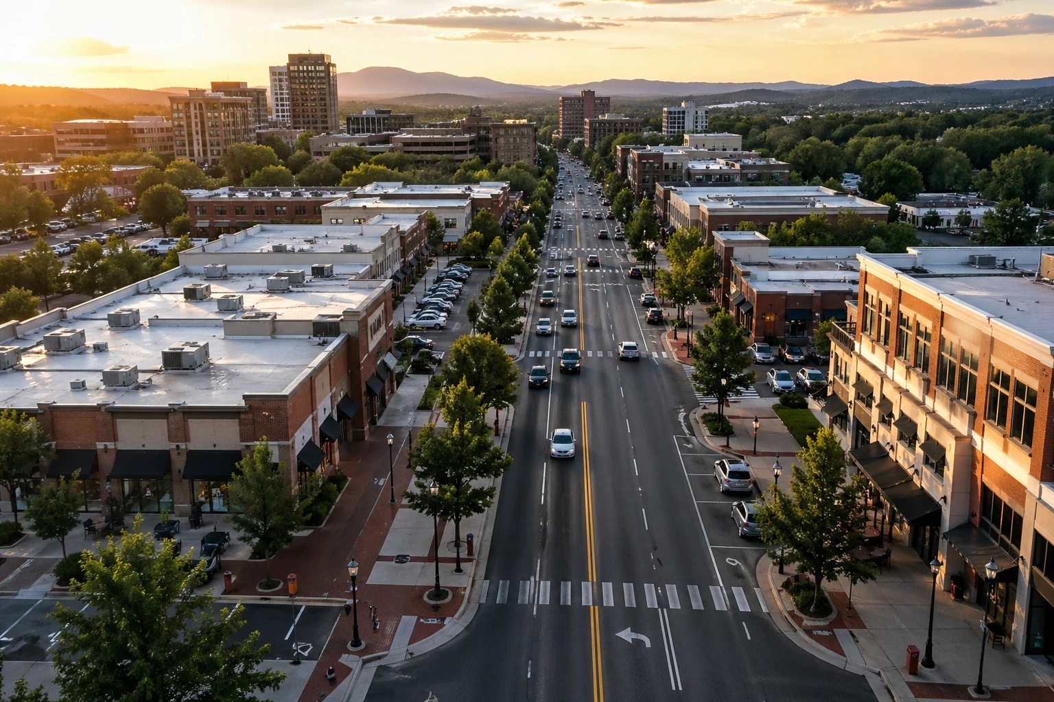 Mid-size American city commercial corridor representing underserved longevity clinic market opportunity in 2026
