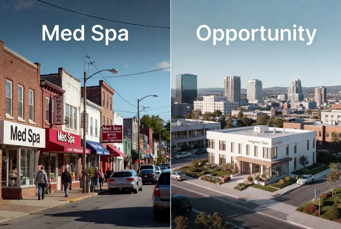 Market saturation comparison showing crowded med spa competitive landscape versus underserved longevity clinic first-mover opportunity