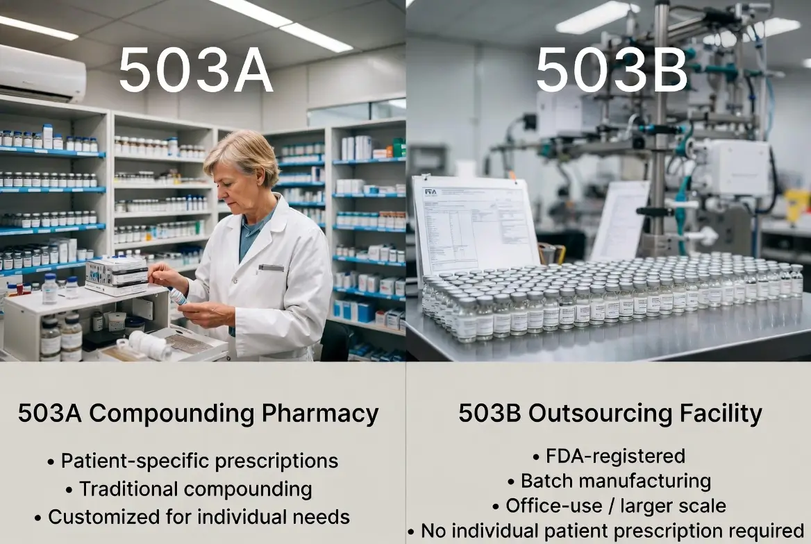 503A versus 503B compounding pharmacy comparison showing peptide clinic sourcing frameworks and regulatory requirements