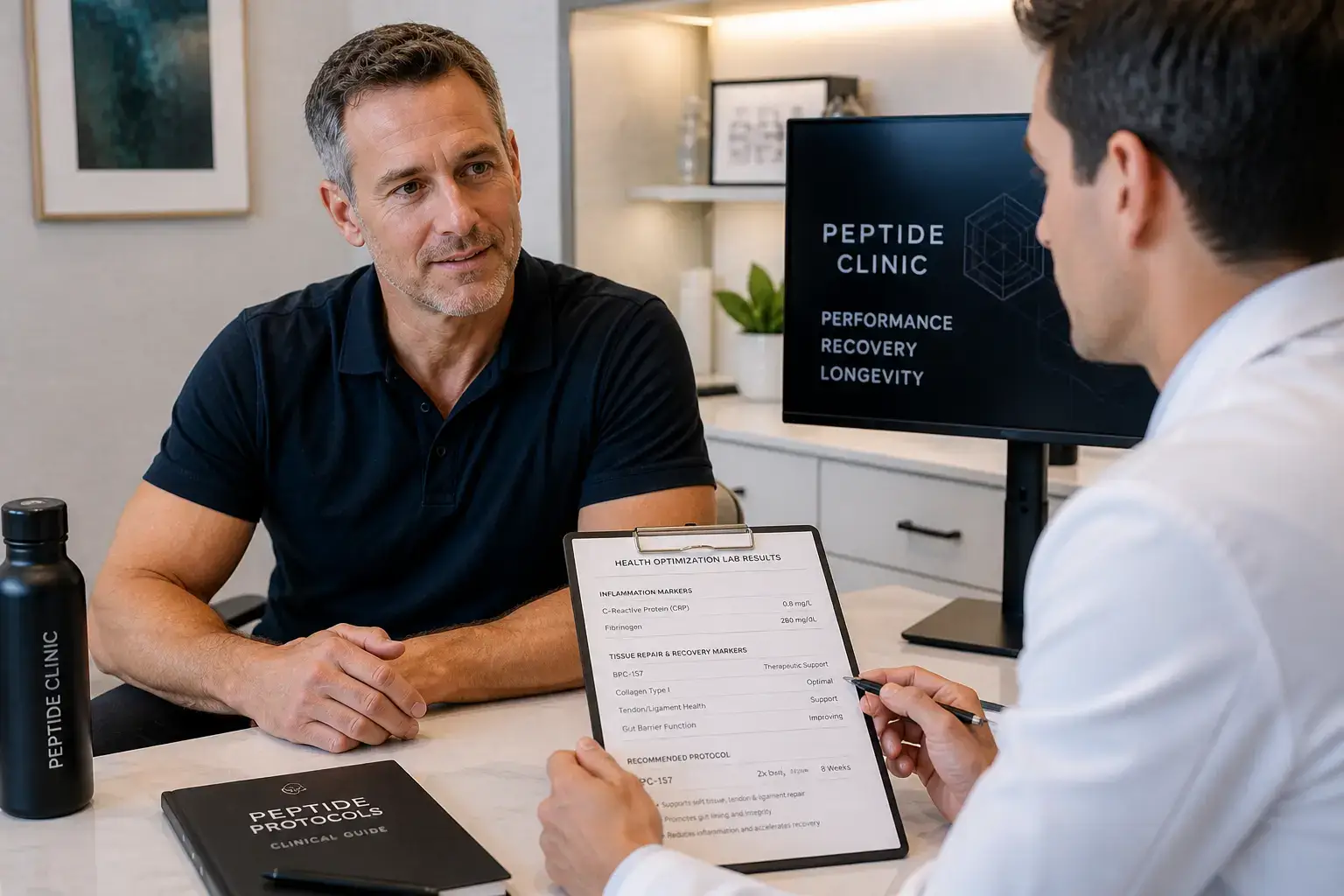 BPC-157 peptide clinic patient consultation showing active adult seeking tissue repair and recovery protocol with clinician