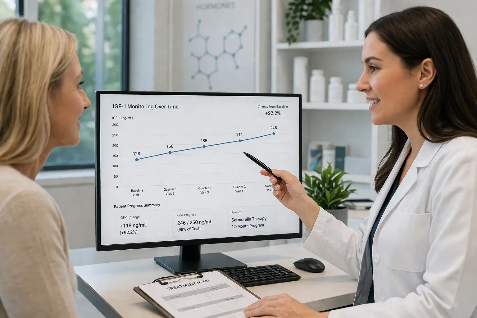  Longevity clinic patient reviewing Sermorelin protocol IGF-1 monitoring results showing progress over quarterly biomarker assessments