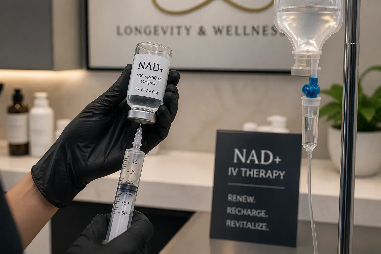 NAD+ IV therapy preparation in longevity clinic showing clinical precision and premium compounded infusion quality