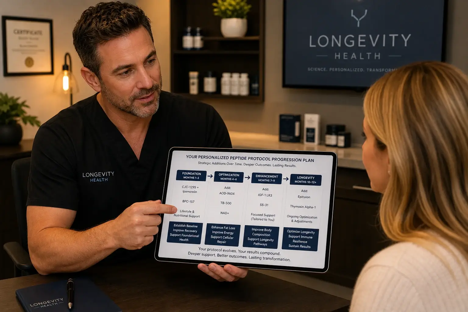 Peptide therapy clinic protocol progression plan showing how clinical depth and compound additions drive membership revenue expansion