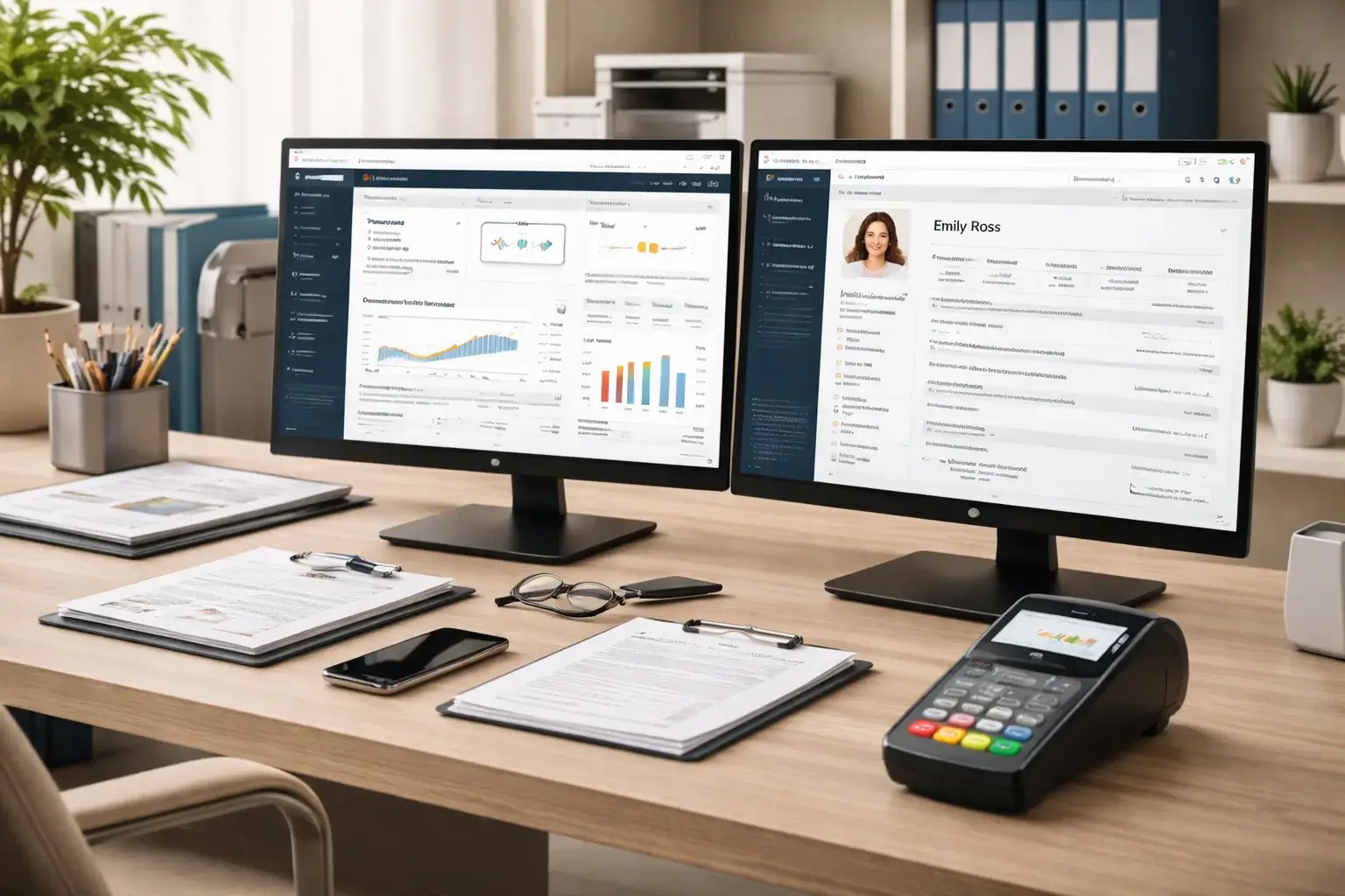 Clean dashboard mockup displaying key operational metrics: appointment volume, revenue trends, compliance status, and cash flow indicators.
