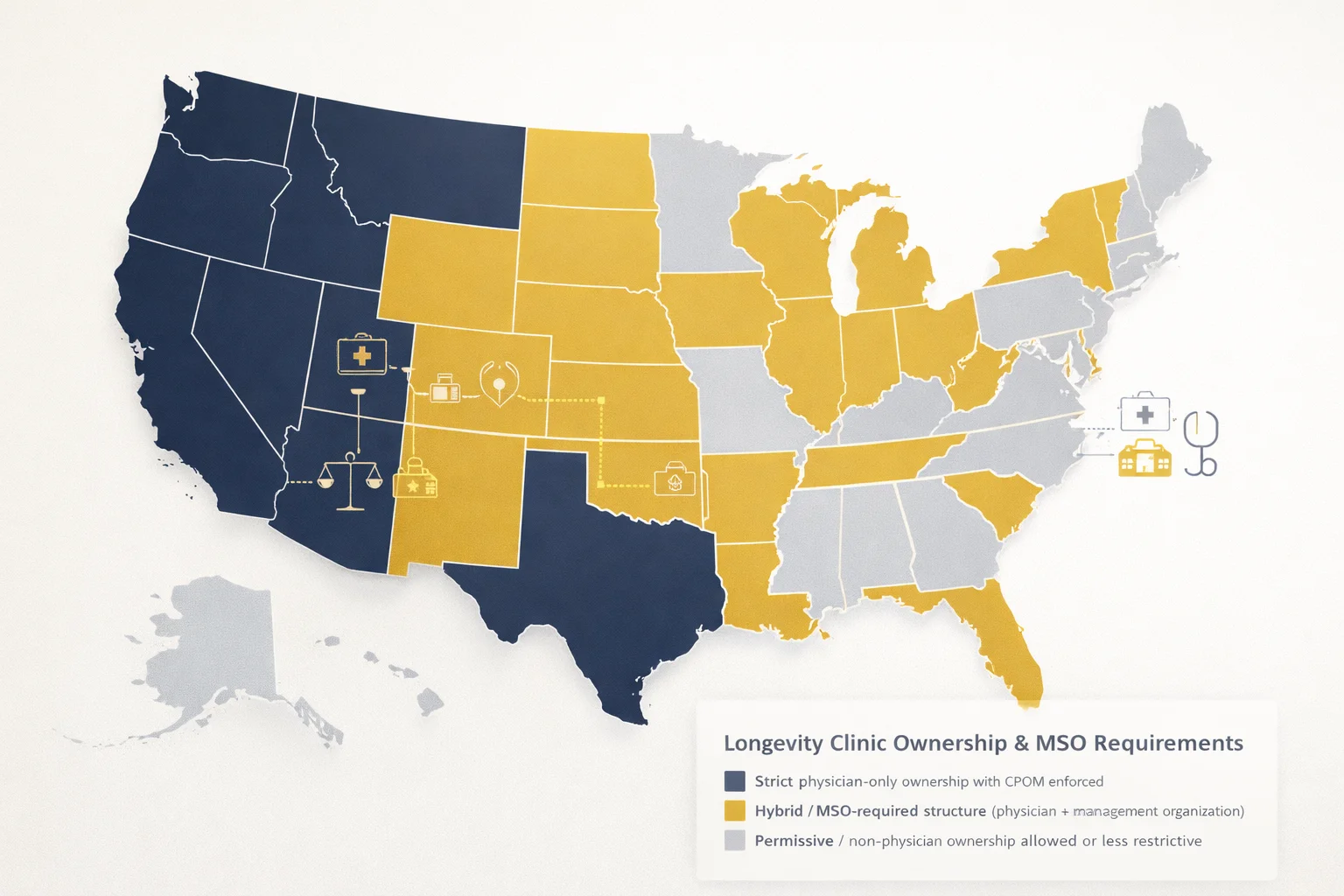 US map showing state variation in non-physician longevity clinic ownership regulations and MSO structure requirements by state
