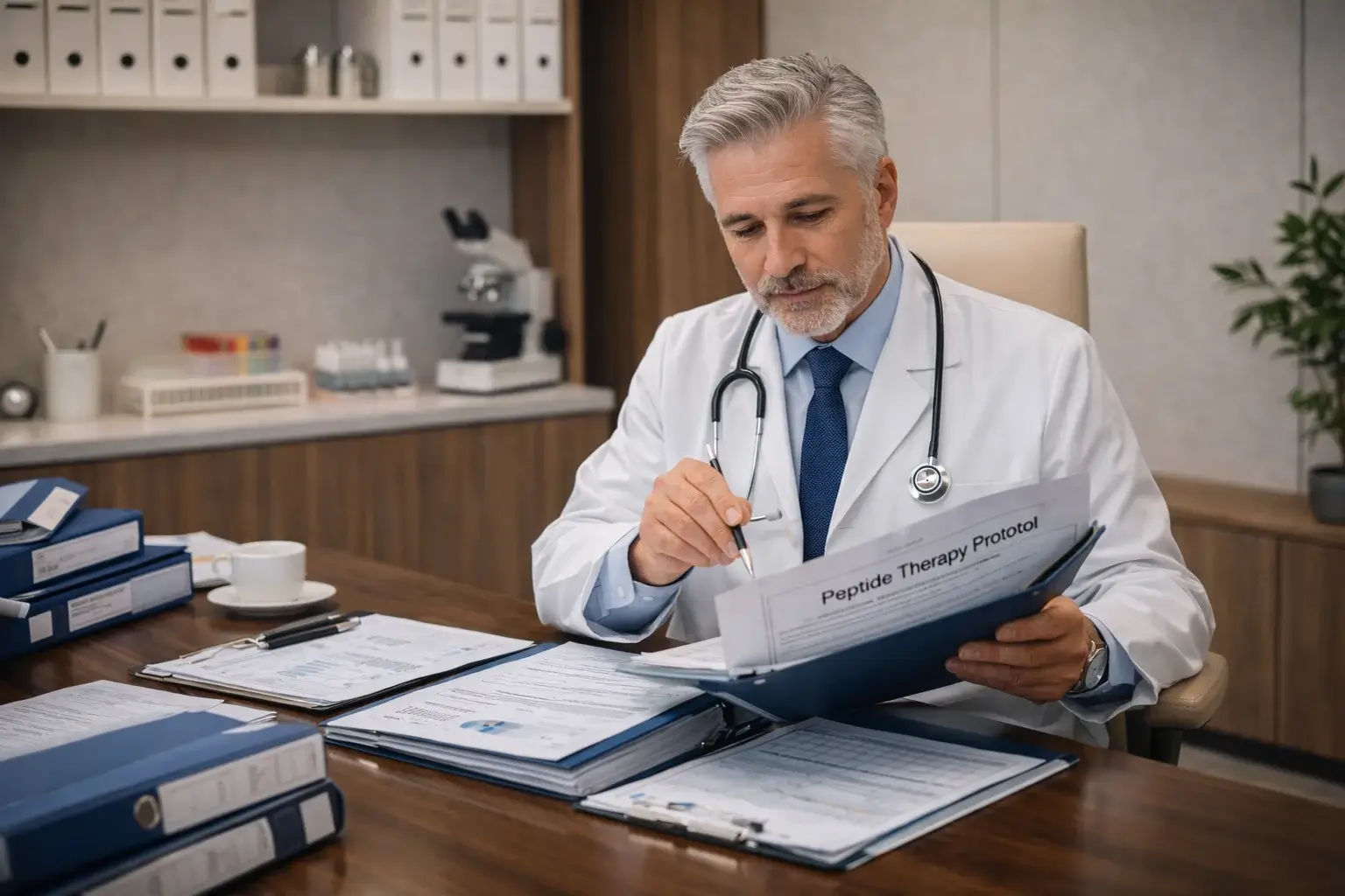 Medical director reviewing peptide therapy clinic protocols and compliance documentation before clinic opening