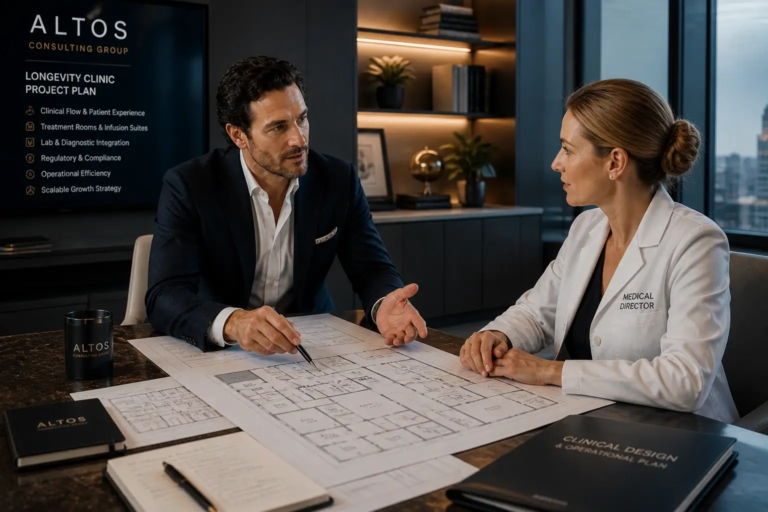 Consultant guiding entrepreneur through regenerative clinic launch strategy