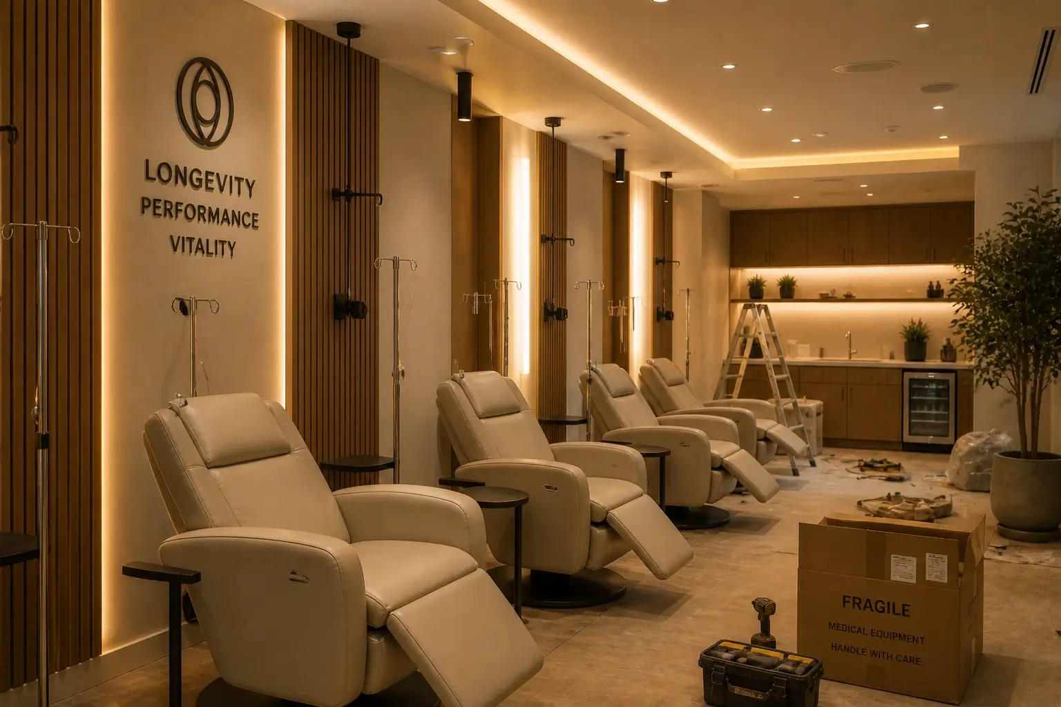 Longevity clinic IV therapy suite installation showing premium treatment chairs and clinical infrastructure during construction buildout
