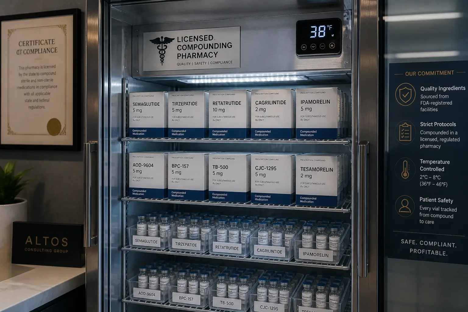  Peptide therapy clinic compound supply storage showing organized licensed pharmacy sourced compounds in clinical refrigerator