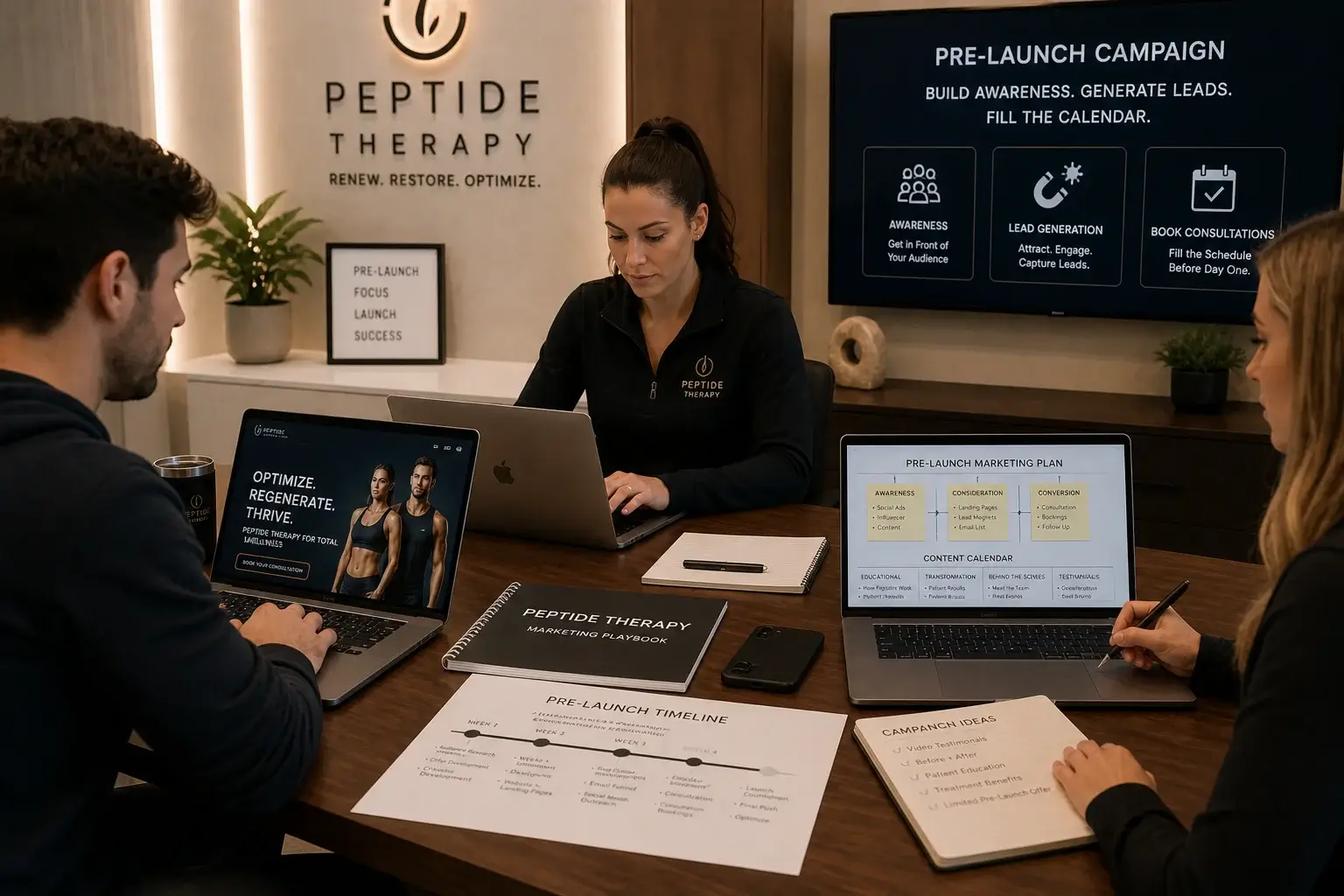  Peptide therapy clinic pre-launch marketing campaign setup showing digital advertising management before official opening