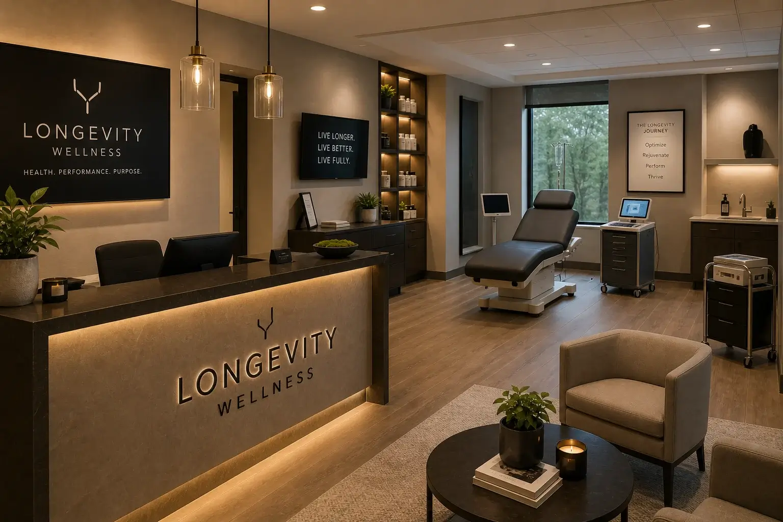 Longevity clinic interior fully prepared before opening day showing treatment rooms and reception area ready for first patients