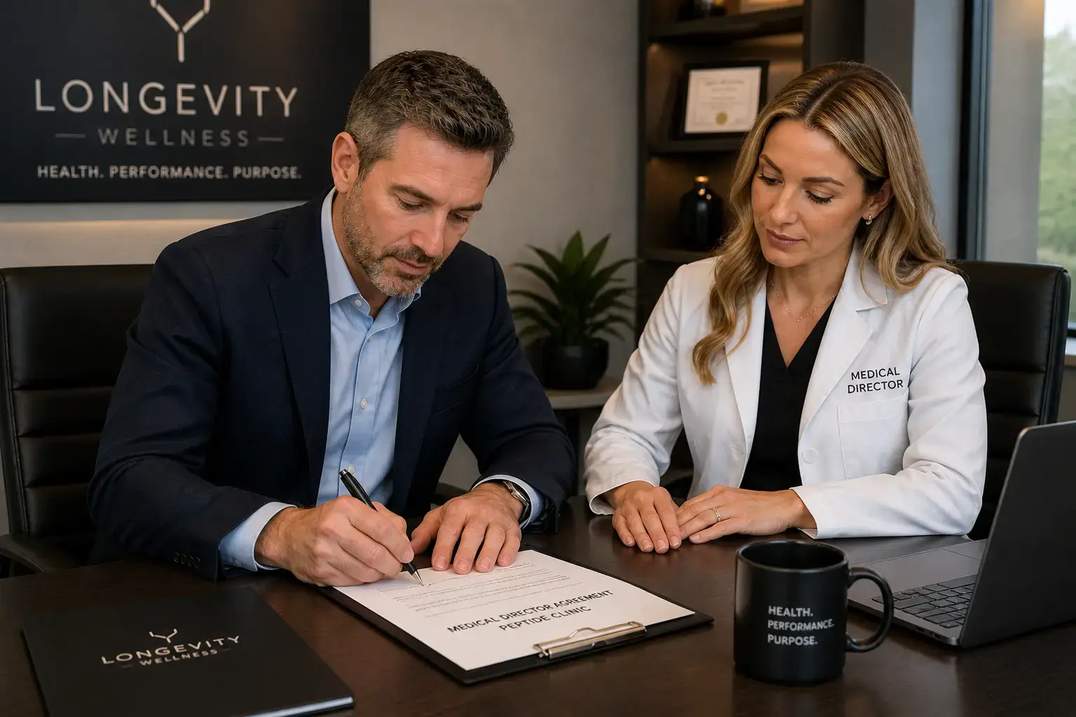 Peptide clinic medical director agreement signing showing formal clinical oversight documentation between physician and non-physician clinic owner