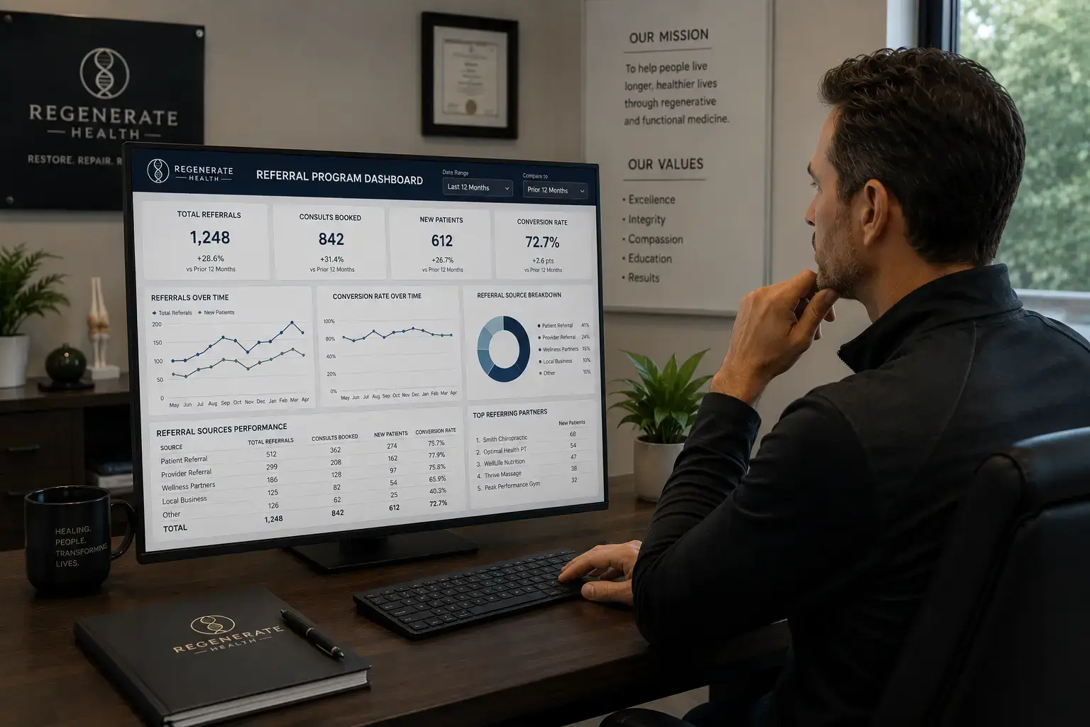 Regenerative health clinic owner reviewing structured referral program data showing patient referral conversion tracking
