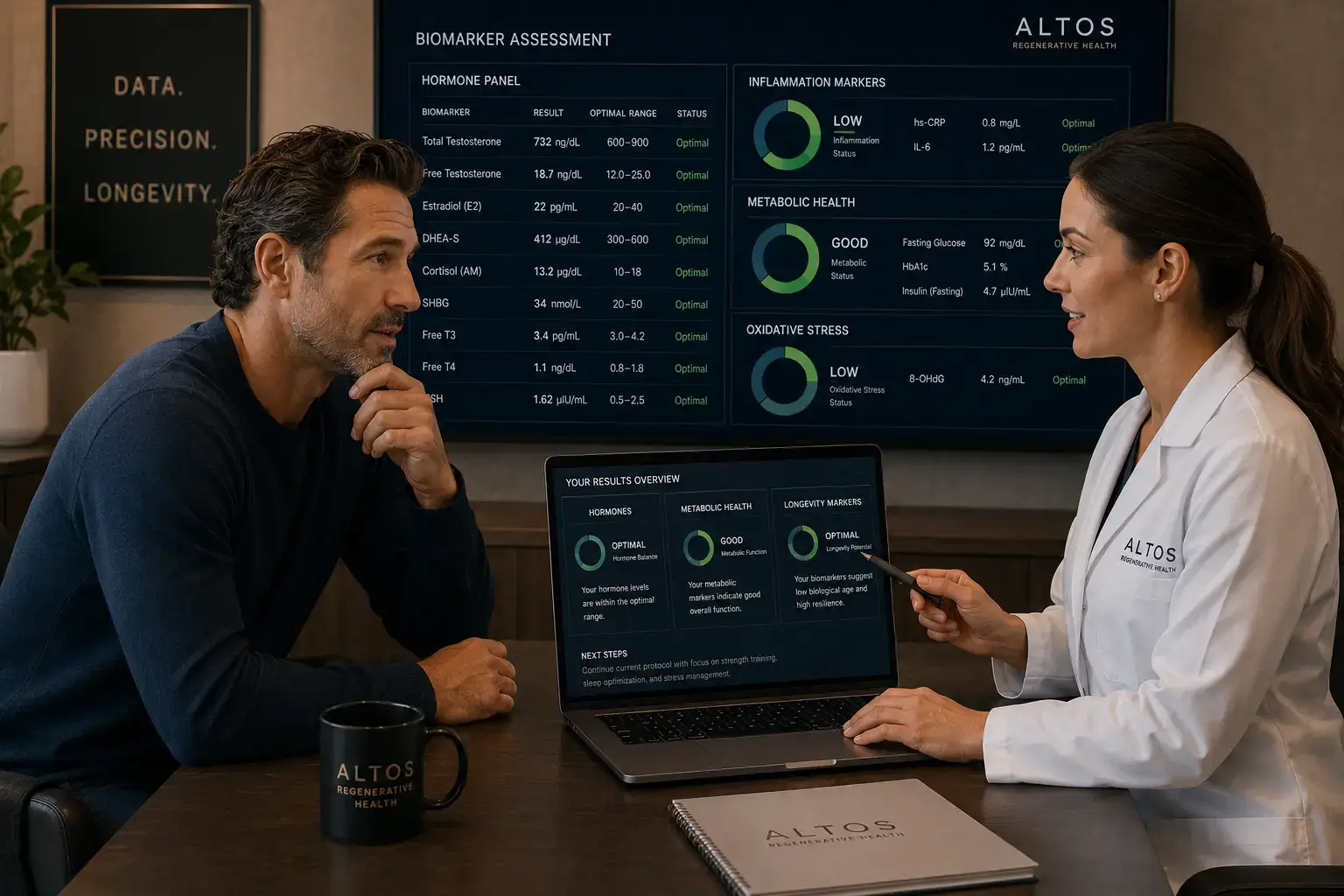 Regenerative health clinic patient reviewing biomarker results showing outcome-oriented research-literate patient profile