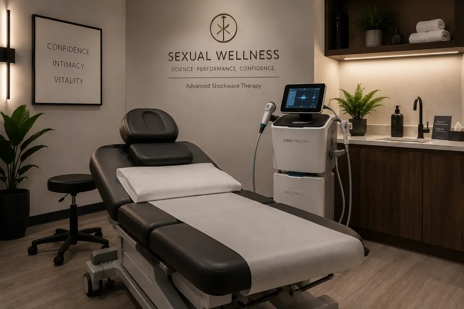 Sexual wellness clinic shockwave therapy equipment showing professional treatment setup for ED and sexual health optimization