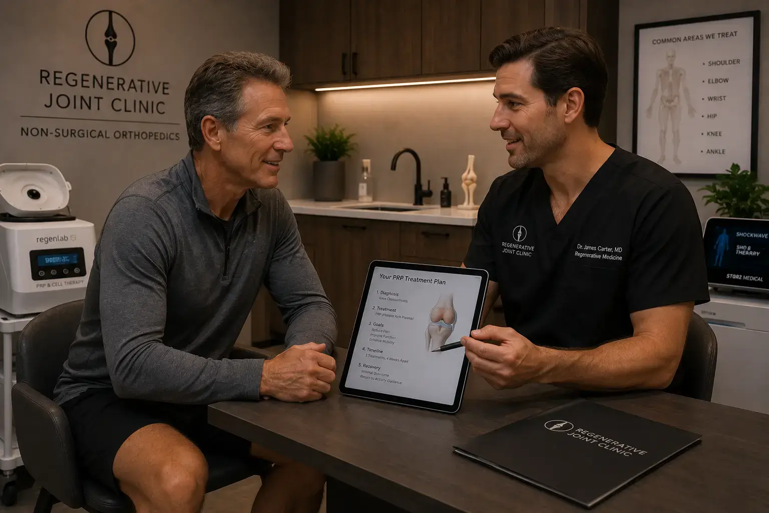 Regenerative joint clinic patient consultation showing active adult reviewing PRP treatment plan for musculoskeletal recovery