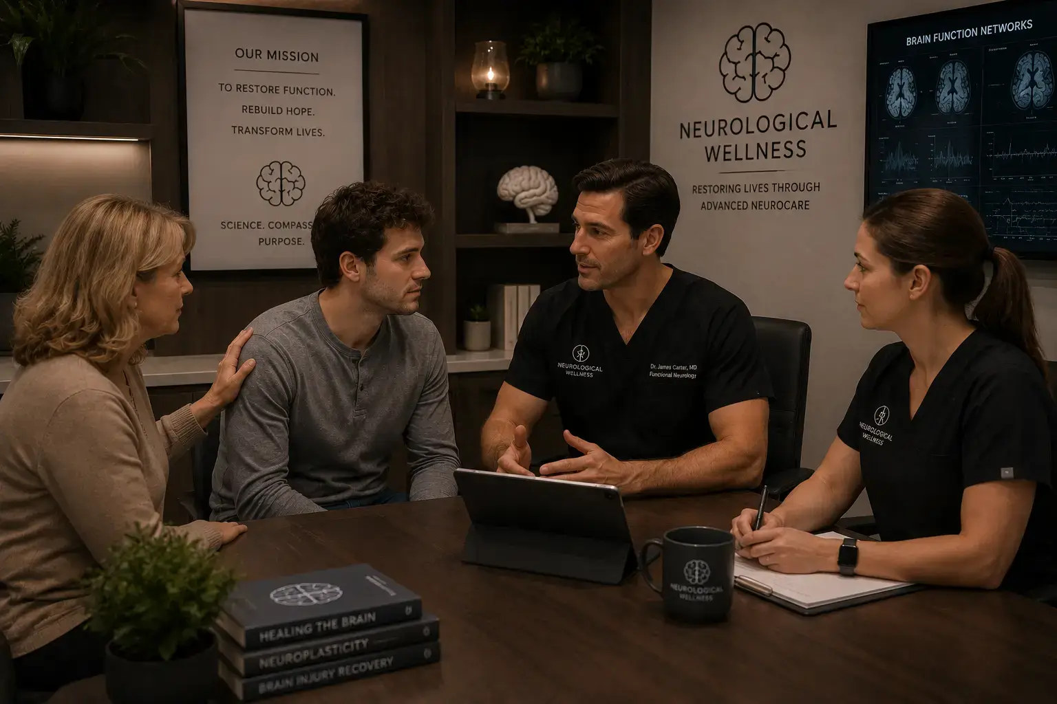 Neurological wellness clinic consultation showing TBI patient and family member meeting with clinical team in compassionate professional setting