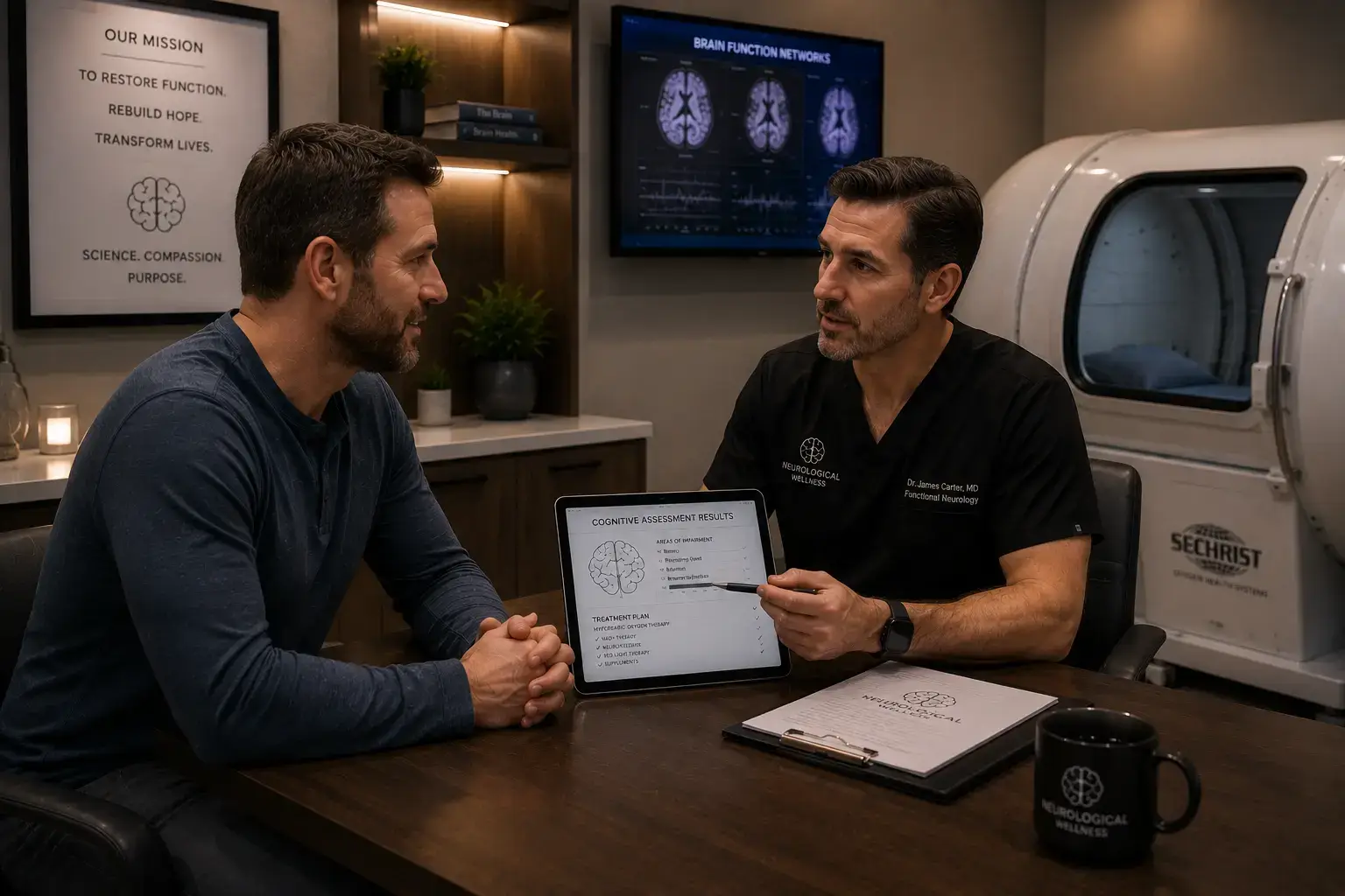 Neurological wellness clinic veteran patient consultation showing TBI assessment and HBOT treatment plan review with clinician 