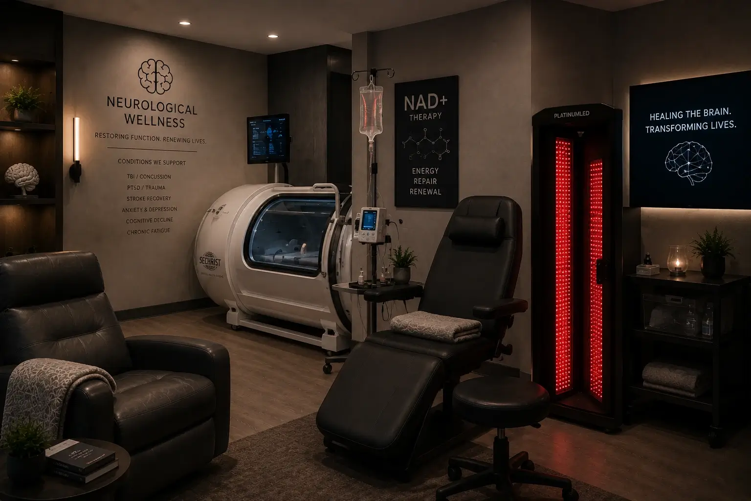 Neurological wellness clinic treatment area showing HBOT hyperbaric chamber NAD+ IV setup and photobiomodulation equipment