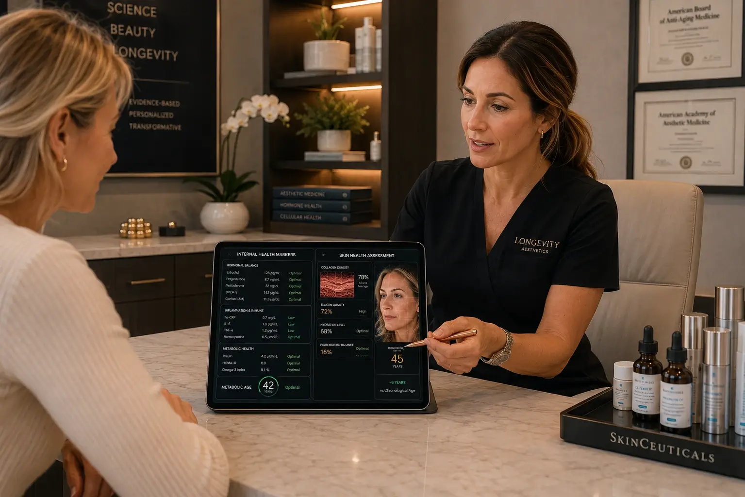 Clinical aesthetic longevity consultation showing split-screen biomarker and skin aging assessment combining hormone panel with collagen density analysis Filename: clinical-aesthetic-longevity-consultation-biomarker-skin-aging-split-screen.jpg