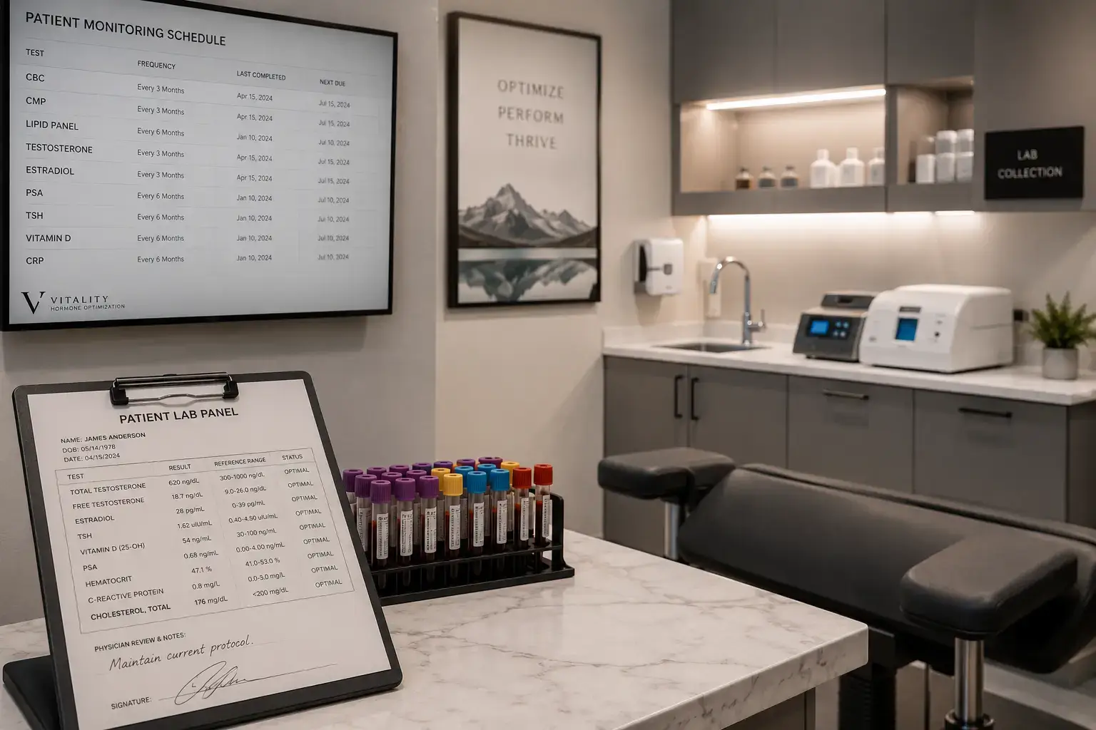 Hormone optimization clinic lab monitoring setup showing patient chart and quarterly panel schedule for TRT and BHRT patients