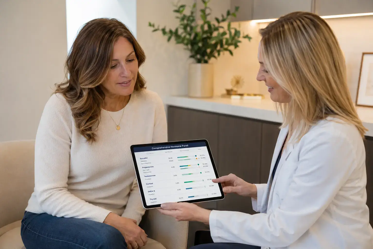 Women's hormone clinic comprehensive biomarker panel showing estrogen progesterone testosterone and metabolic markers for BHRT optimization
