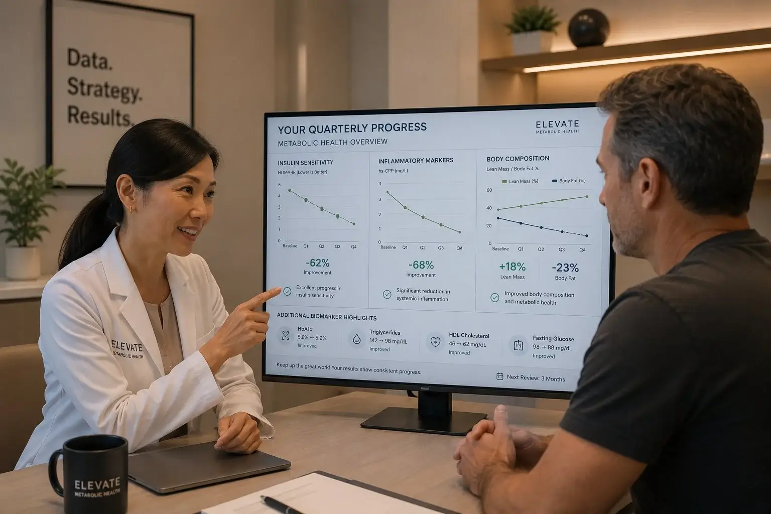 Metabolic weight loss clinic patient reviewing quarterly biomarker progress showing GLP-1 program results and metabolic health improvement