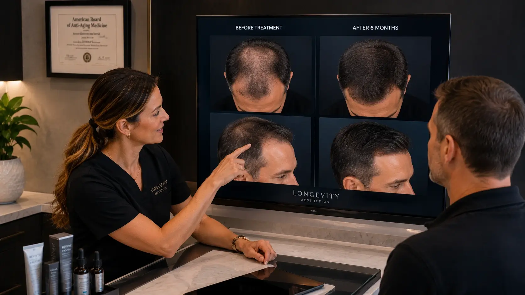 Hair regeneration clinic clinical photography documentation showing standardized scalp assessment photography for PRP treatment progress tracking