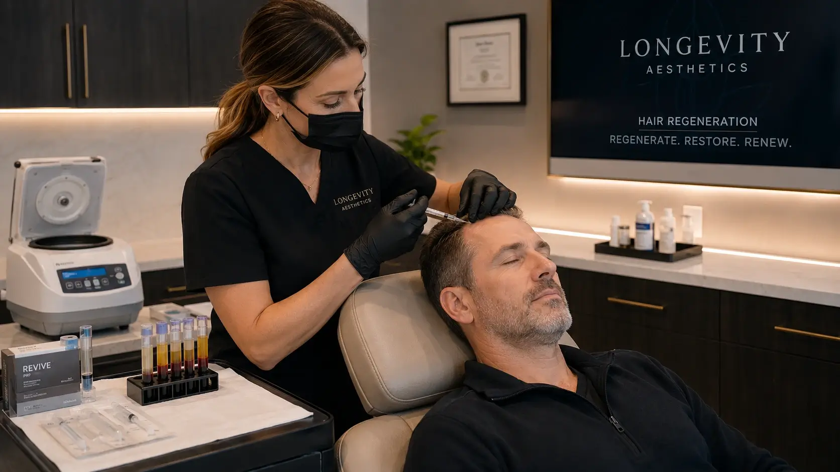 Hair regeneration clinic PRP scalp treatment showing clinician performing regenerative hair restoration injection in professional setting