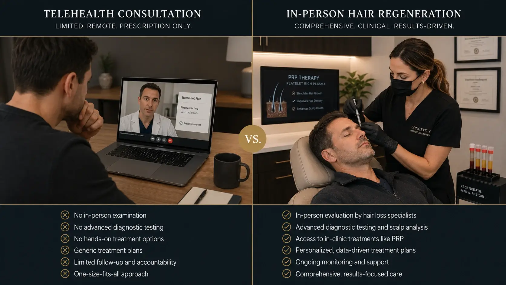 Telehealth hair loss consultation versus in-person PRP hair regeneration clinic treatment showing clinical depth difference