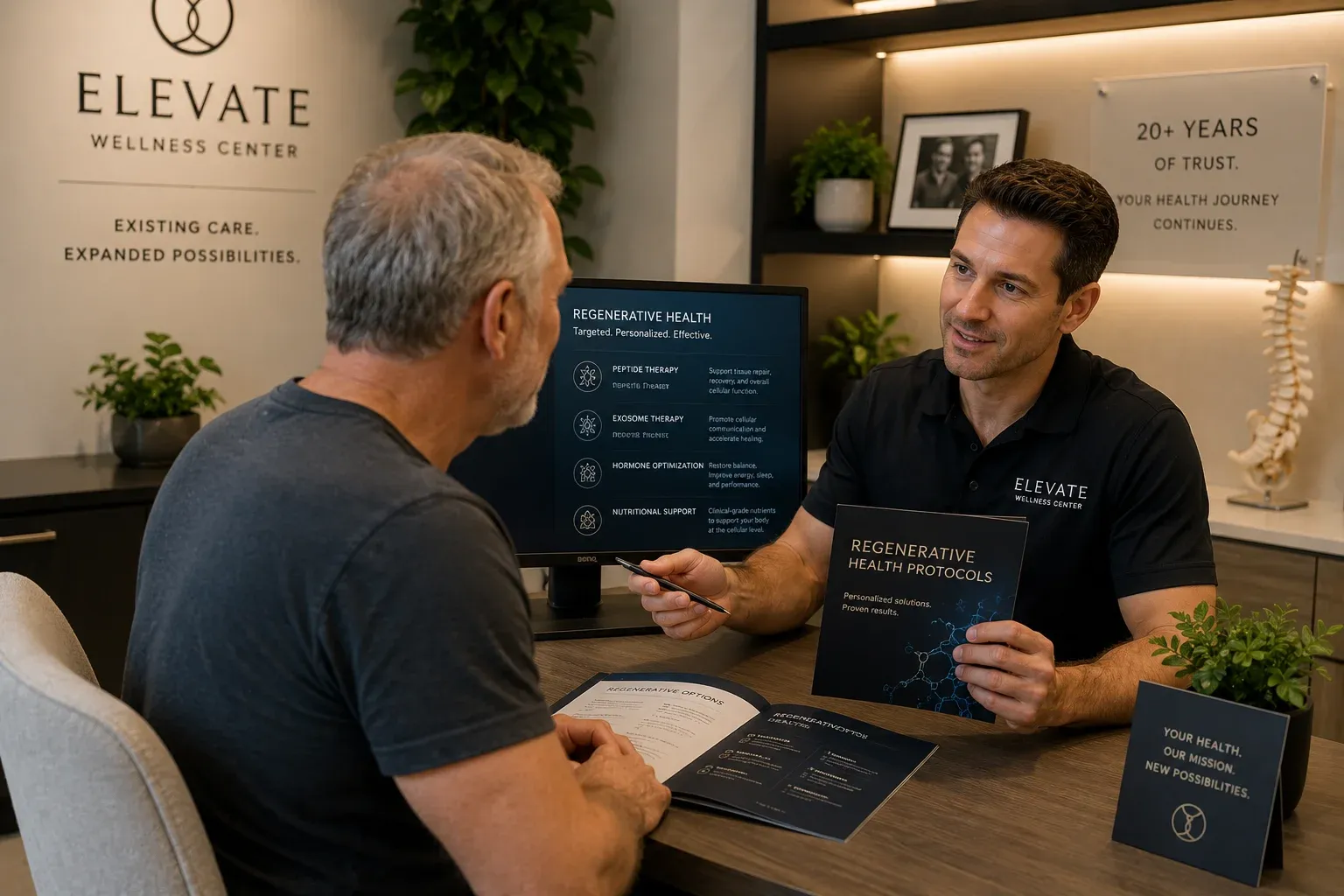 Existing clinic patient consultation introducing regenerative health services showing established patient relationship and new protocol discussion