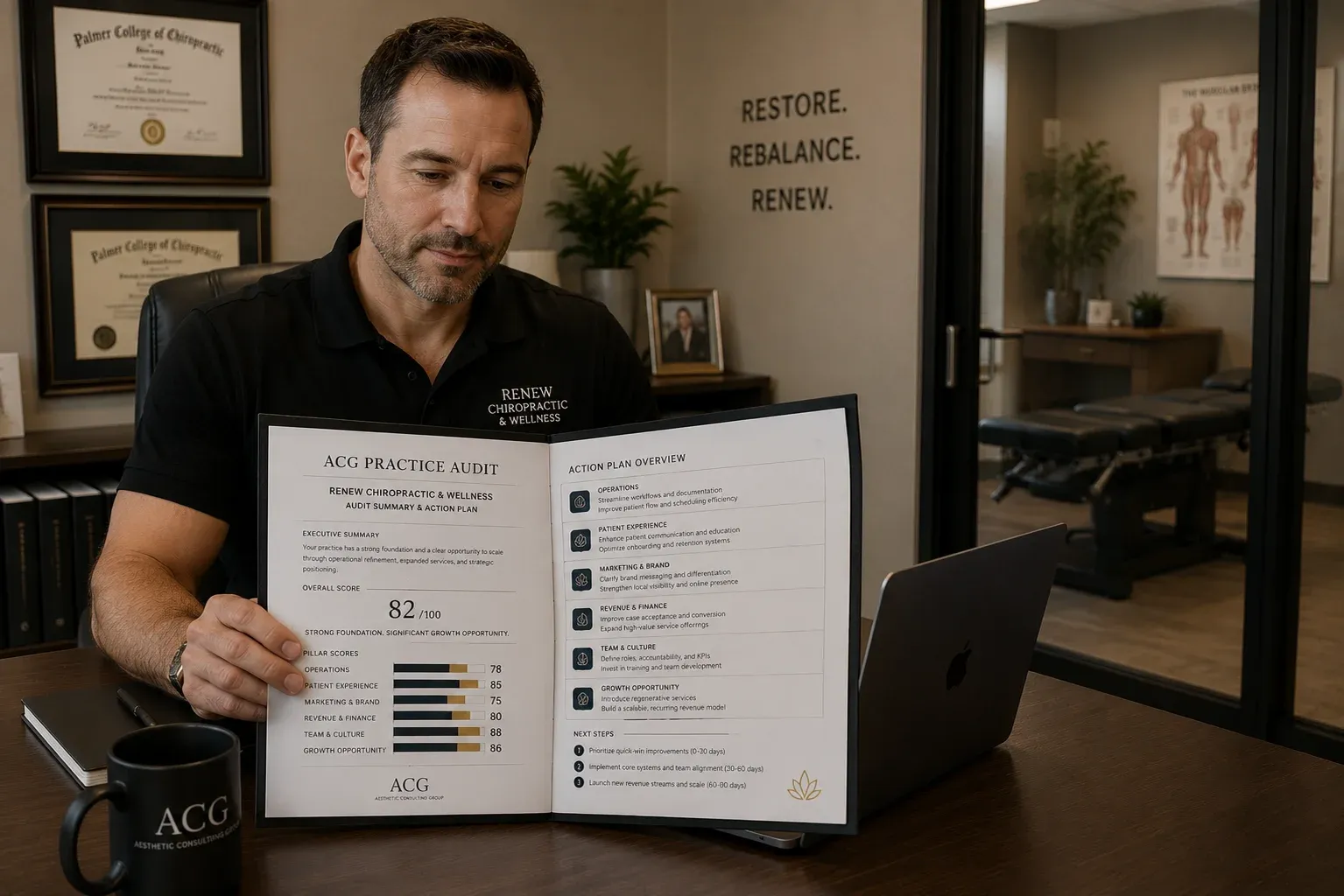 Existing clinic owner reviewing ACG optimization audit report showing prioritized regenerative health service expansion action plan