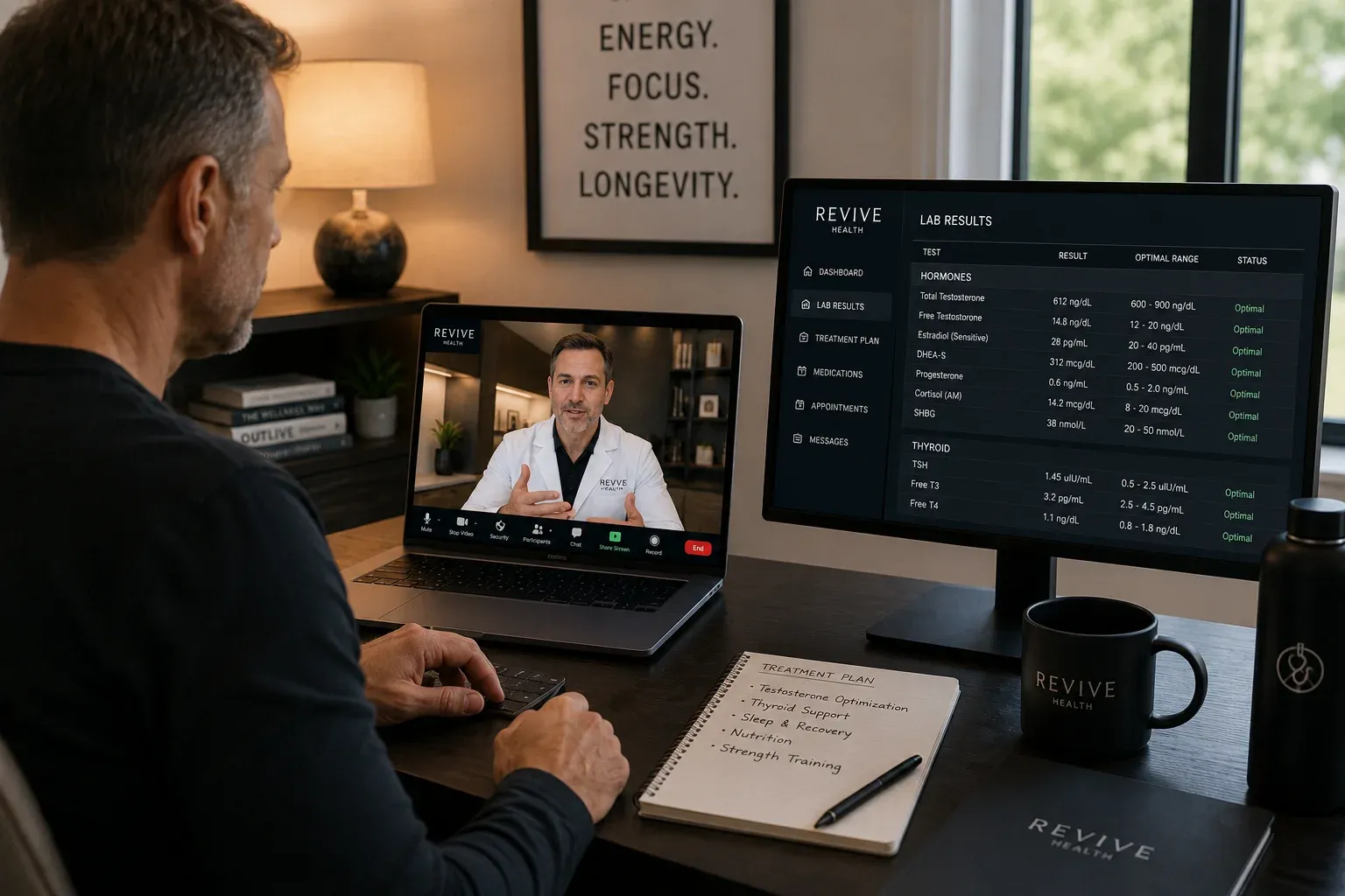 Telehealth regenerative health patient conducting virtual hormone optimization consultation from home showing remote clinical relationship