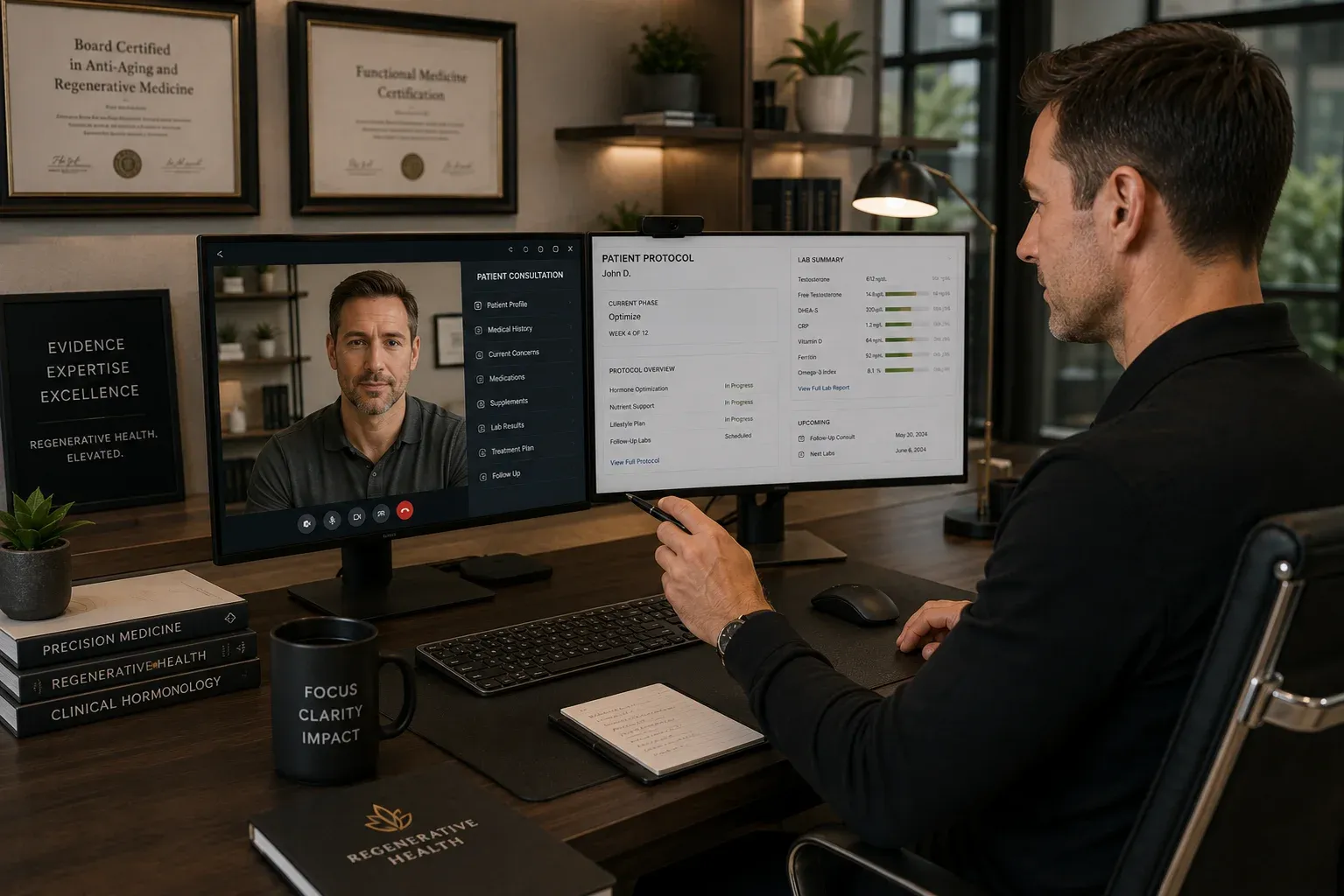 Telehealth regenerative health clinic operator conducting virtual patient consultation with lab results and protocol dashboard on dual monitors